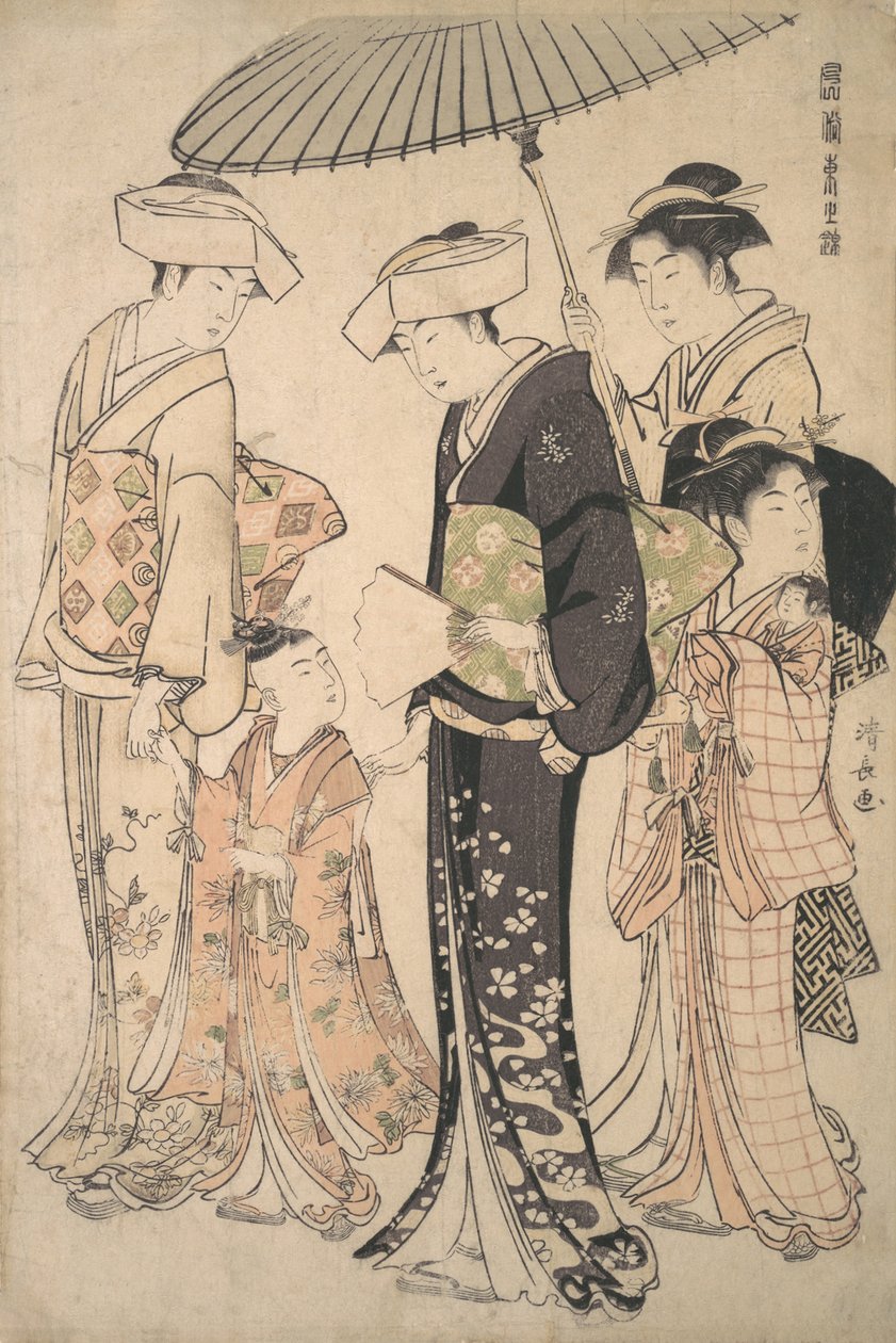 Duas mulheres em traje de verão levando uma jovem a um templo xintoísta para a Miya Mairi ..., c. 1783. de Torii Kiyonaga