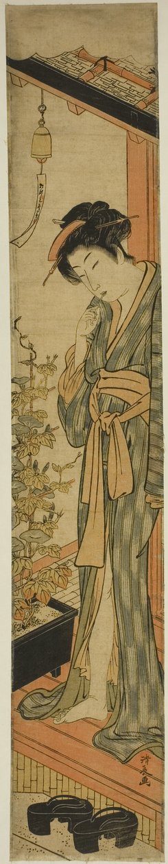 Mulher admirando glórias da manhã enquanto escova os dentes de Torii Kiyonaga