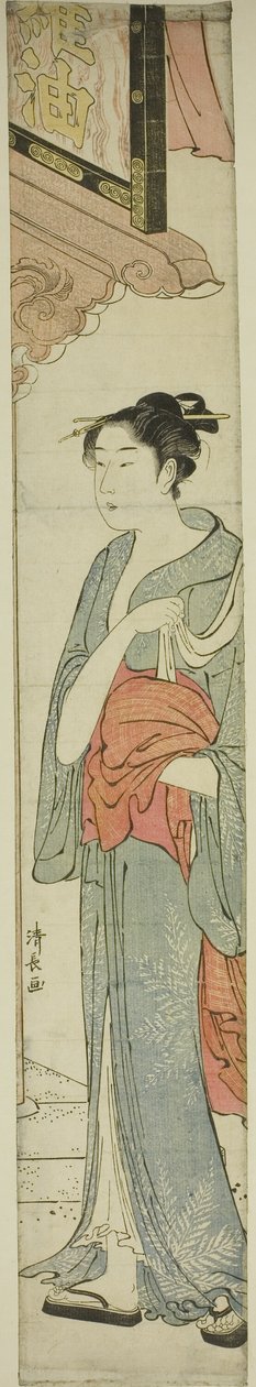Mulher andando sob uma placa de loja de Torii Kiyonaga