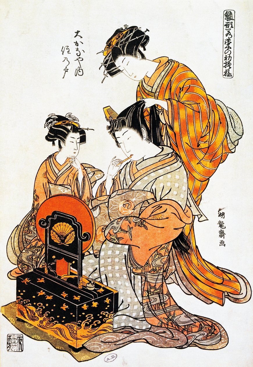 Mulher em frente ao espelho enquanto penteia o cabelo, estampa ukiyo-e da Torii Kiyonaga (1751-1815), xilogravura, civilização japonesa, período Edo de Torii Kiyonaga