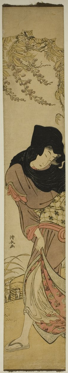 Mulher sob glicínias sopradas pelo vento de Torii Kiyonaga