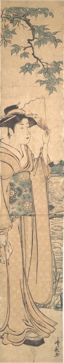 Mulher com ventilador nas margens do rio Sumida. de Torii Kiyonaga