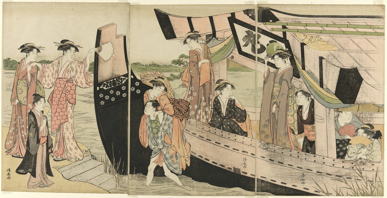 Mulheres que desembarcam de um barco de recreio no rio Sumida de Torii Kiyonaga