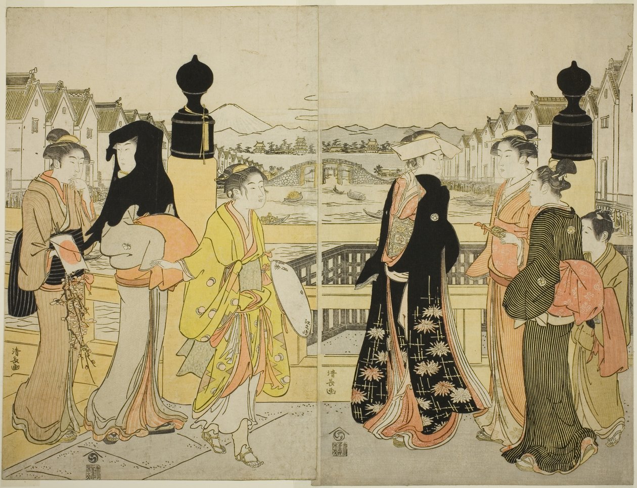Mulheres atravessando a ponte Nihonbashi de Torii Kiyonaga