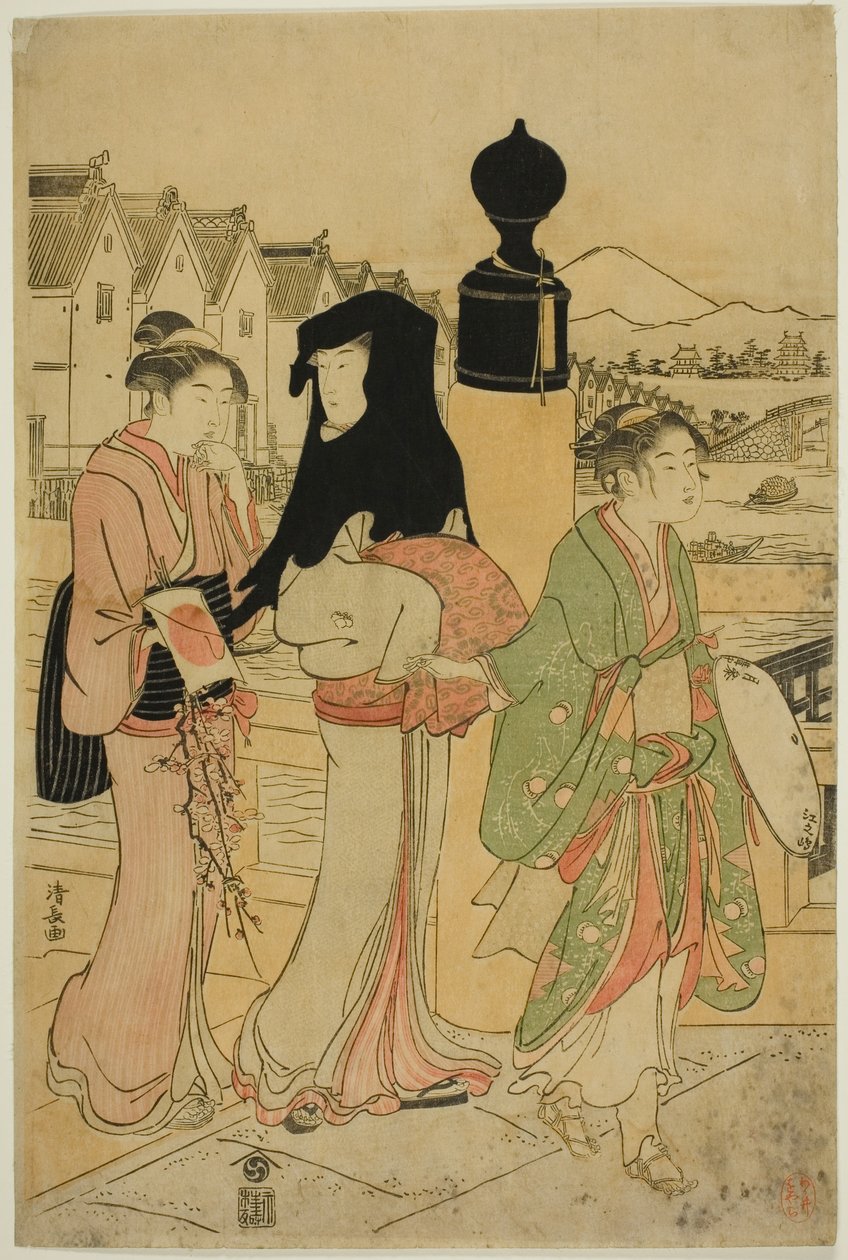 Mulheres atravessando a ponte Nihonbashi de Torii Kiyonaga