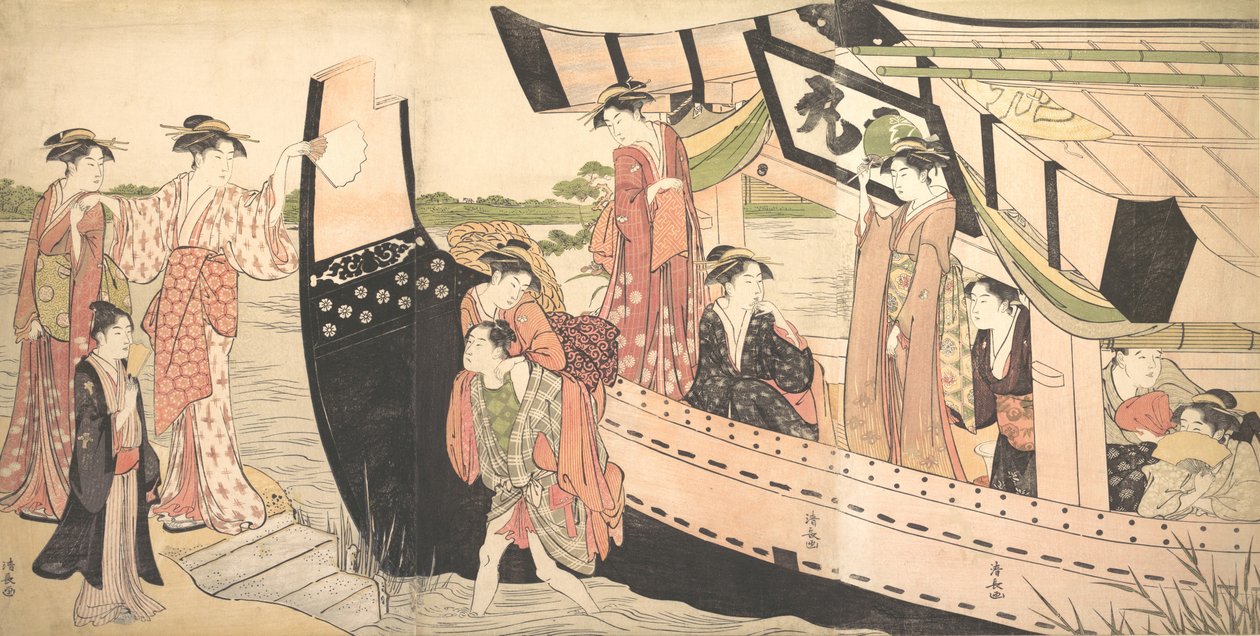 Mulheres desembarcando de um barco de recreio puxado até a costa em Mukojima no rio Sumida, ..., ca. 1785. de Torii Kiyonaga