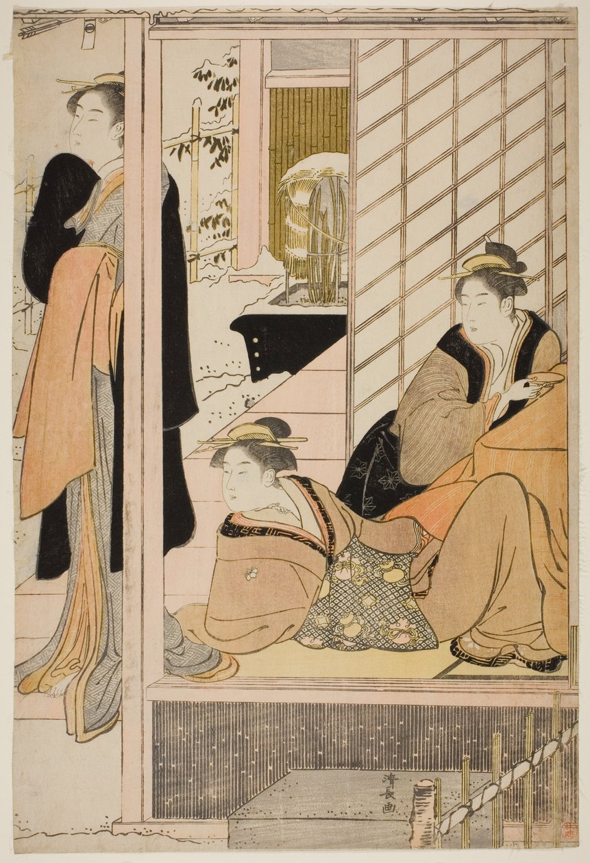 Mulheres vendo um jardim nevado de um salão de Torii Kiyonaga