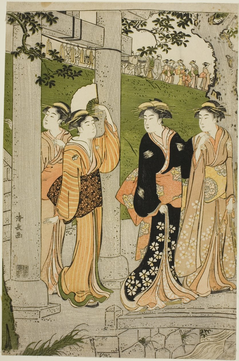 Mulheres que visitam o Santuário de Mimeguri de Torii Kiyonaga