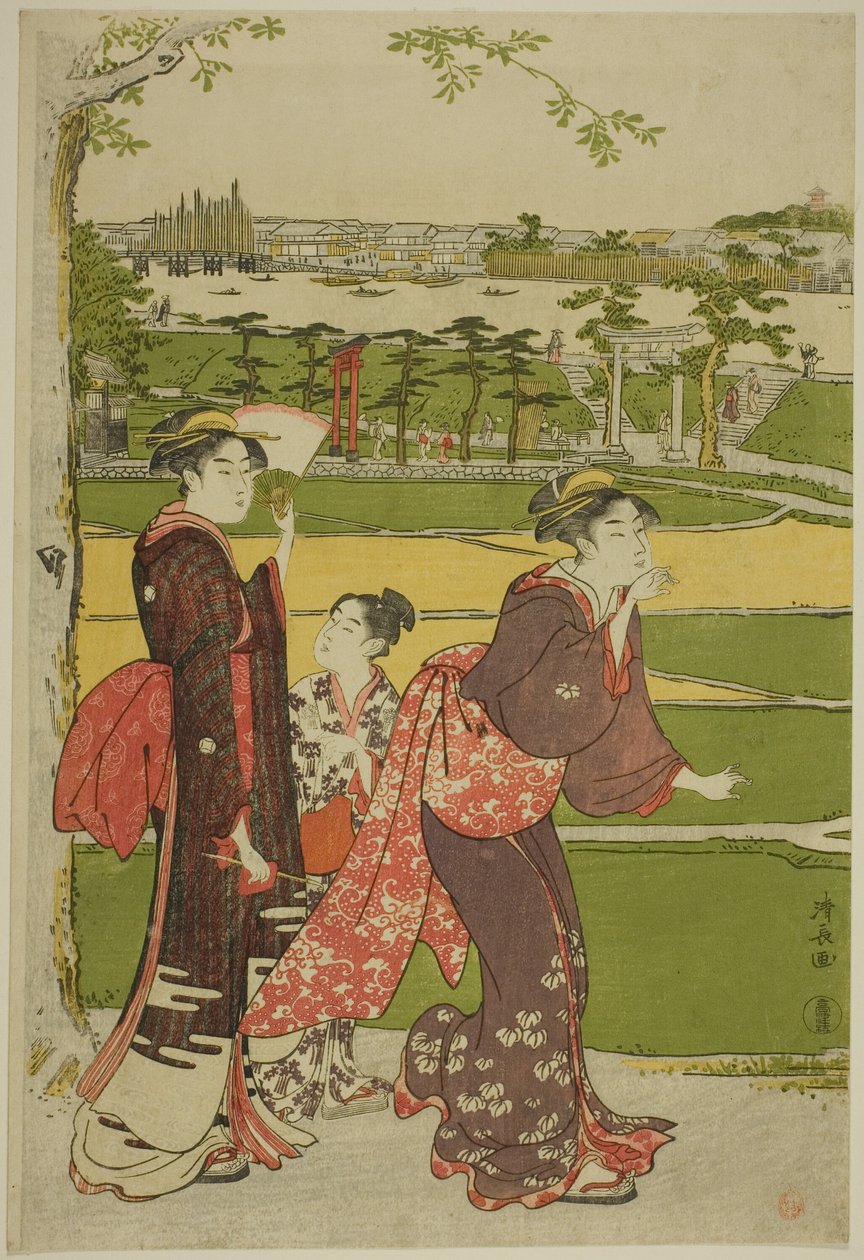 Mulheres que visitam o Santuário de Mimeguri de Torii Kiyonaga