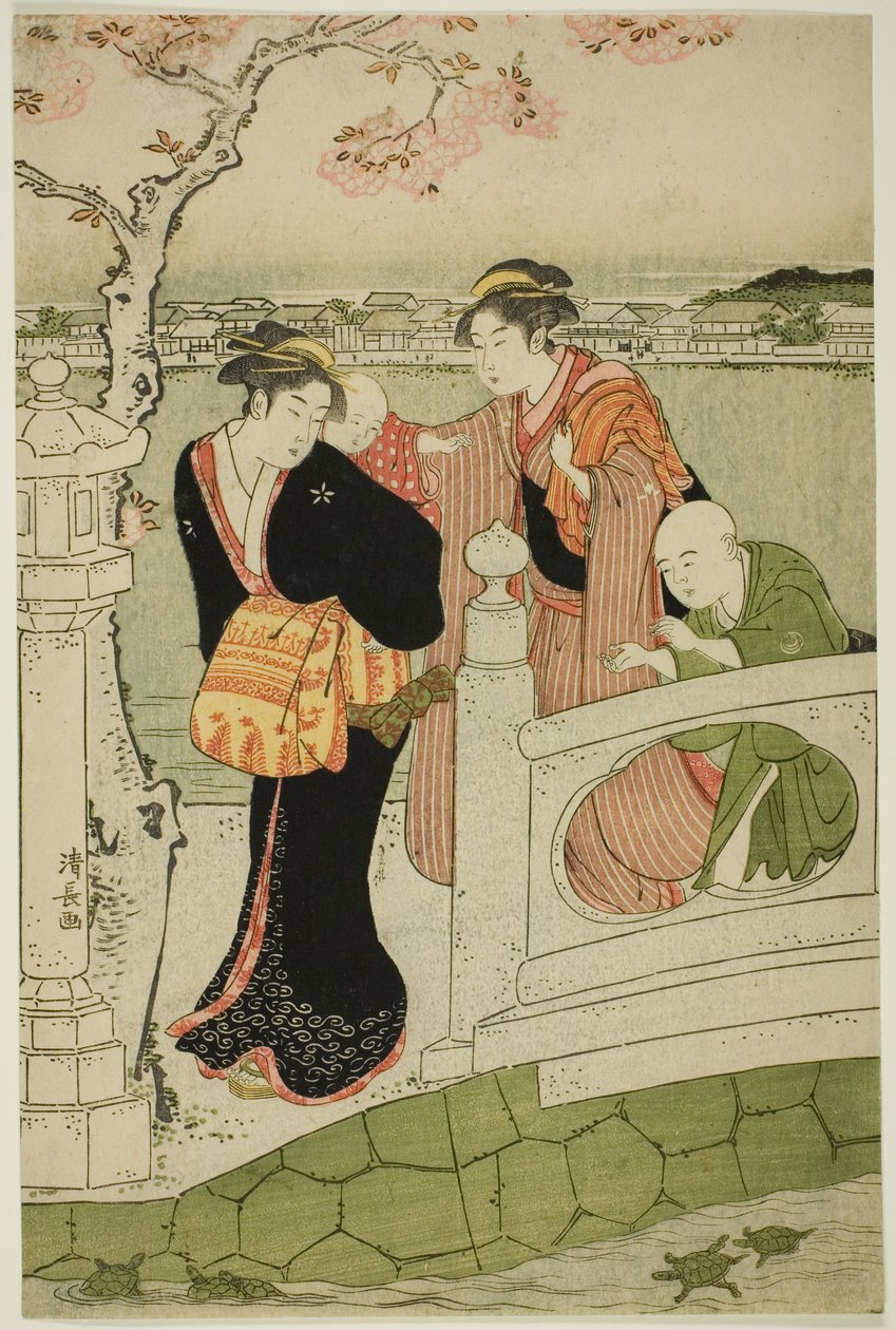 Mulheres e crianças na calçada em Shinobazu Pond de Torii Kiyonaga