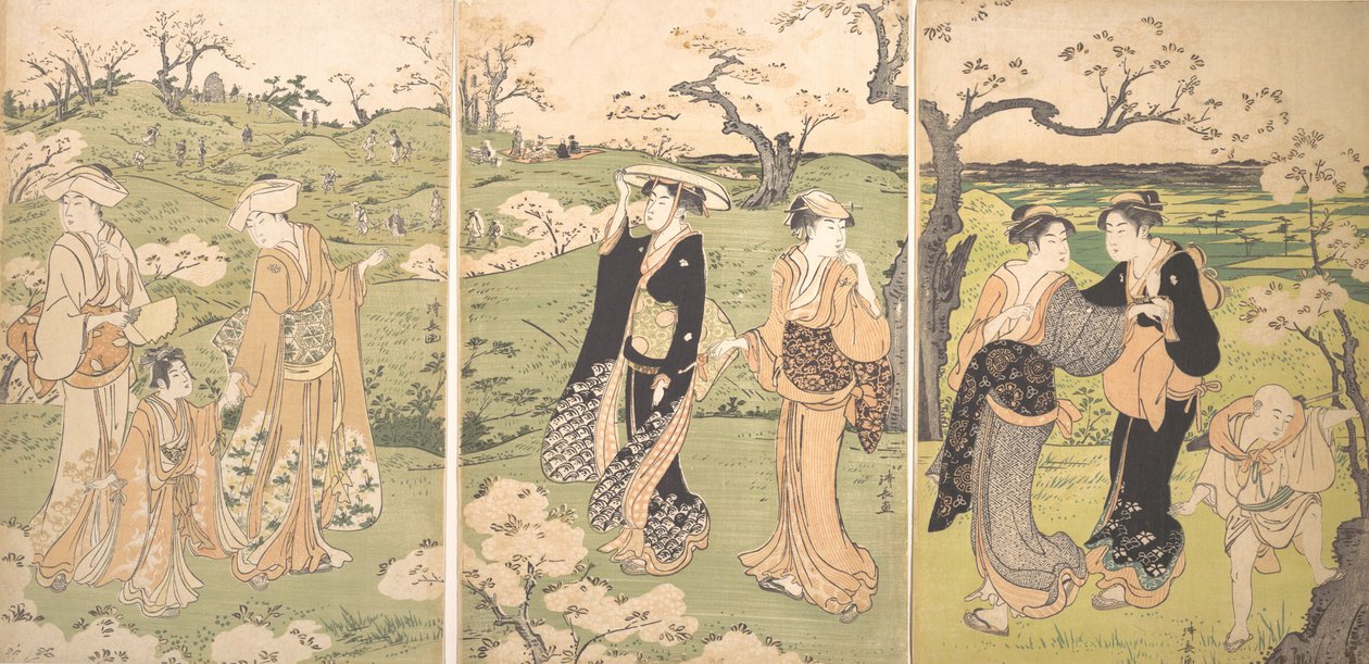 Moças vendo flores de cerejeira em Asukayama. de Torii Kiyonaga