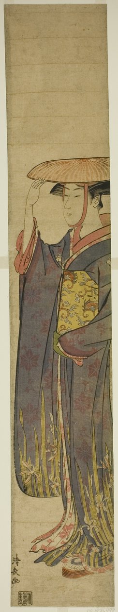 Jovem mulher usando um chapéu de Torii Kiyonaga