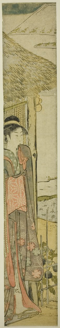 Mulher jovem com símbolos do primeiro sonho do ano novo de Torii Kiyonaga