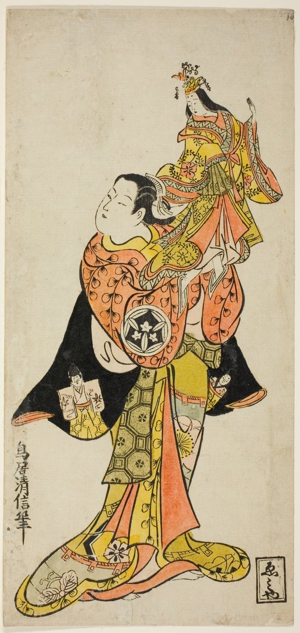 O ator Yamashita Kinsaku segurando um fantoche da Imperatriz na peça "Diário guardado em uma viagem por mar para Izu (Funadama Izu Nikki)", apresentada no Teatro Nakamura no primeiro mês de 1725 de Torii Kiyonobu II