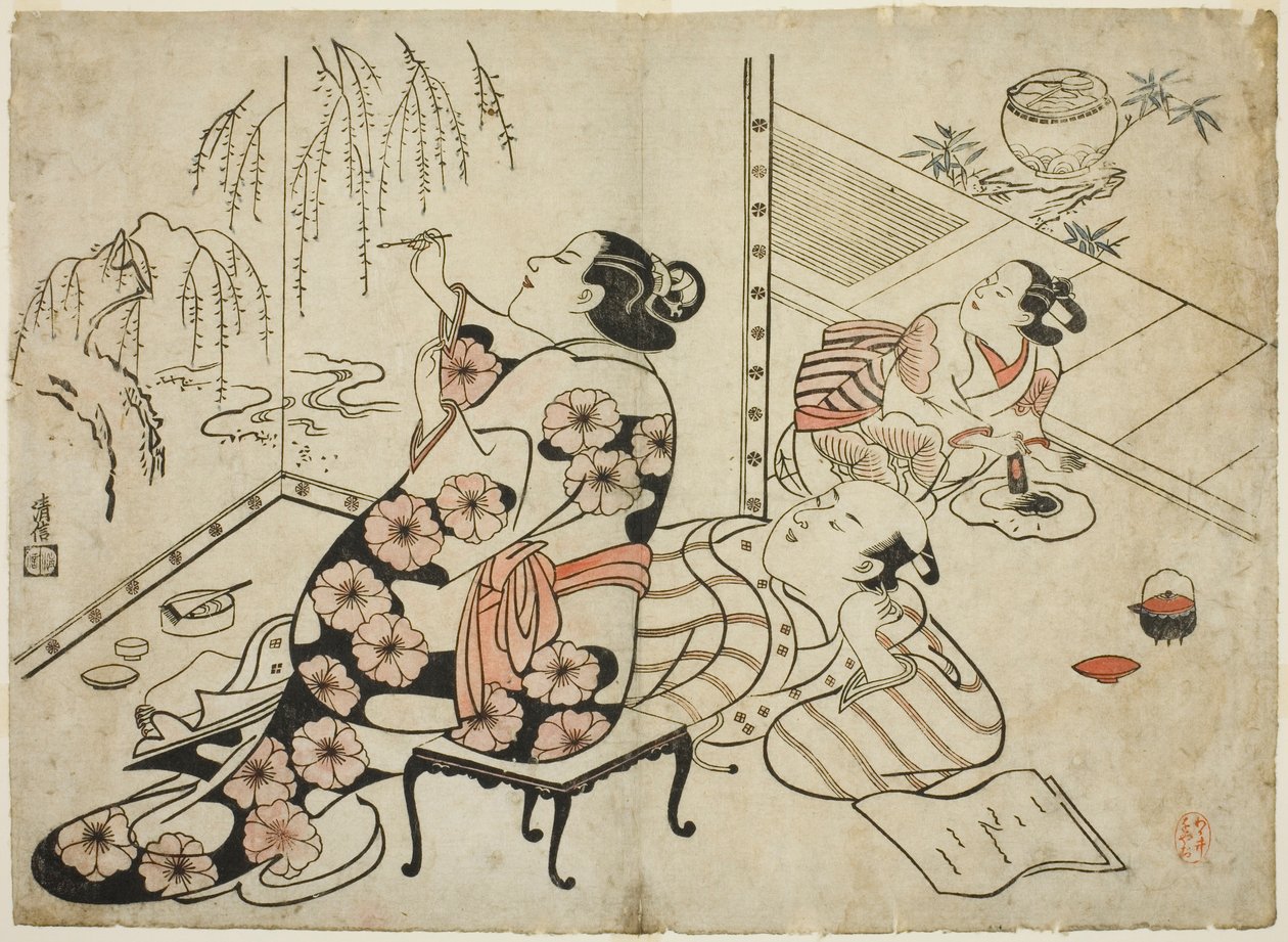 Courtesan Painting a Screen, de uma série de 12 gravuras eróticas de Torii Kiyonobu I