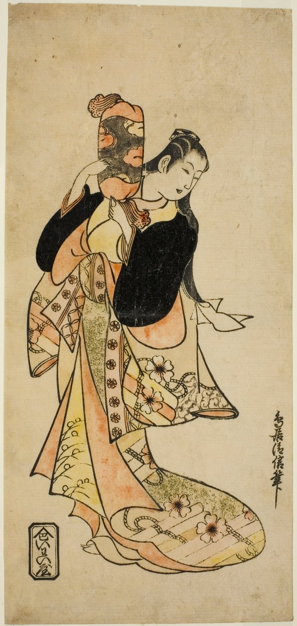 O ator Ichikawa Monnosuke I como Oiso no Tora na peça "Nigiwai Suehiro Soga", apresentada no Teatro Morita no primeiro mês de 1721 (?) de Torii Kiyonobu I