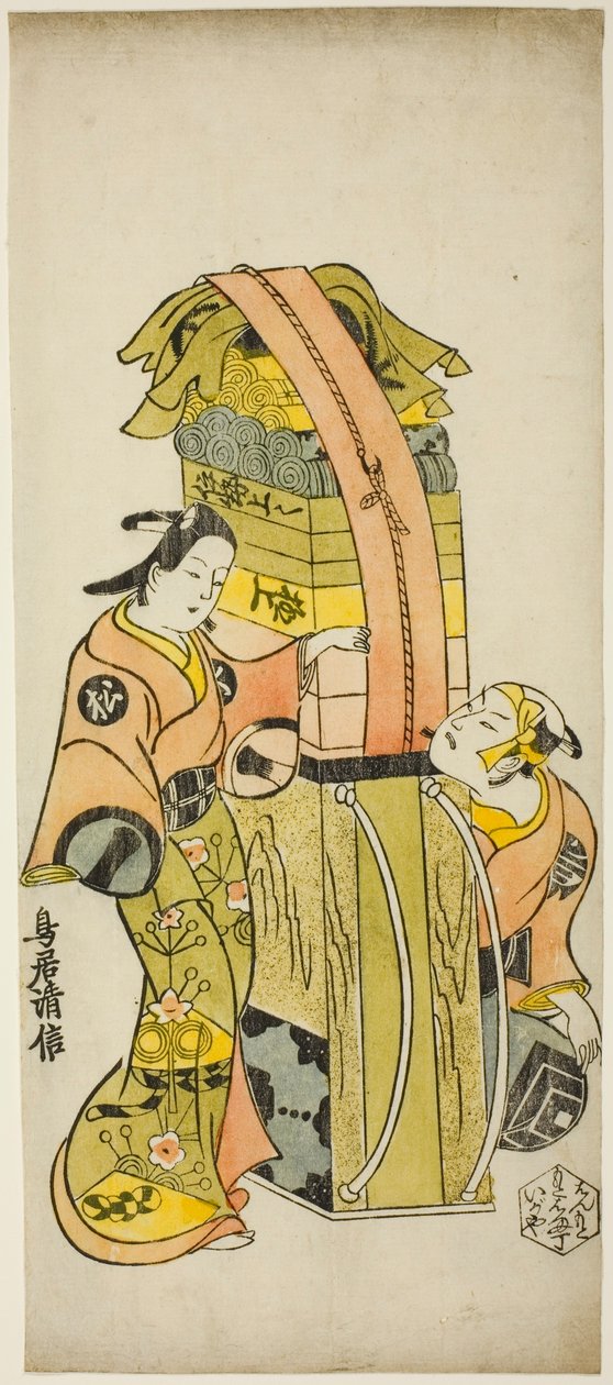 Os atores Ichikawa Danjuro II como Kamada Matahachi e Ichikawa Monnosuke I como Hisamatsu na peça "Osome Hisamatsu Shinju Tamoto no Shirashibori", apresentada no Teatro Morita, 1720 de Torii Kiyonobu I