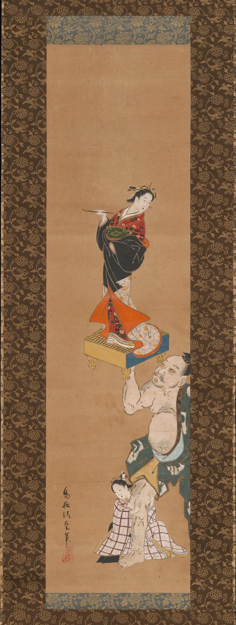 O Guerreiro Asahina Yoshihide levantando um fantoche de uma cortesã em uma placa de Go, meados do século XVIII. de Torii Kiyoshige