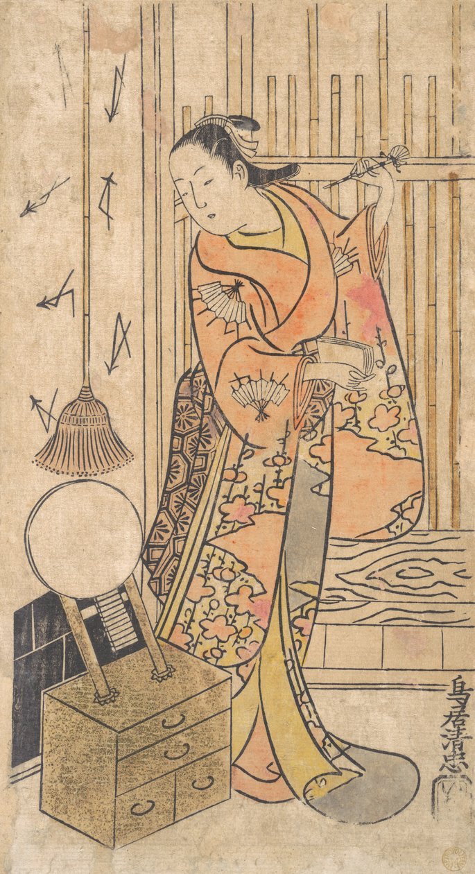 Ator como uma mulher em pé por um suporte de espelho, ca. 1735. de Torii Kiyotada