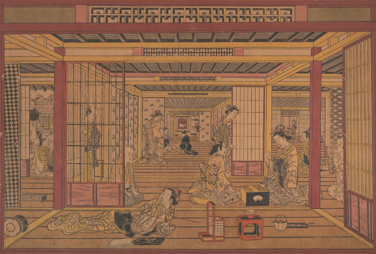 Uma vista interior no Yoshiwara, ca. início da década de 1740. de Torii Kiyotada