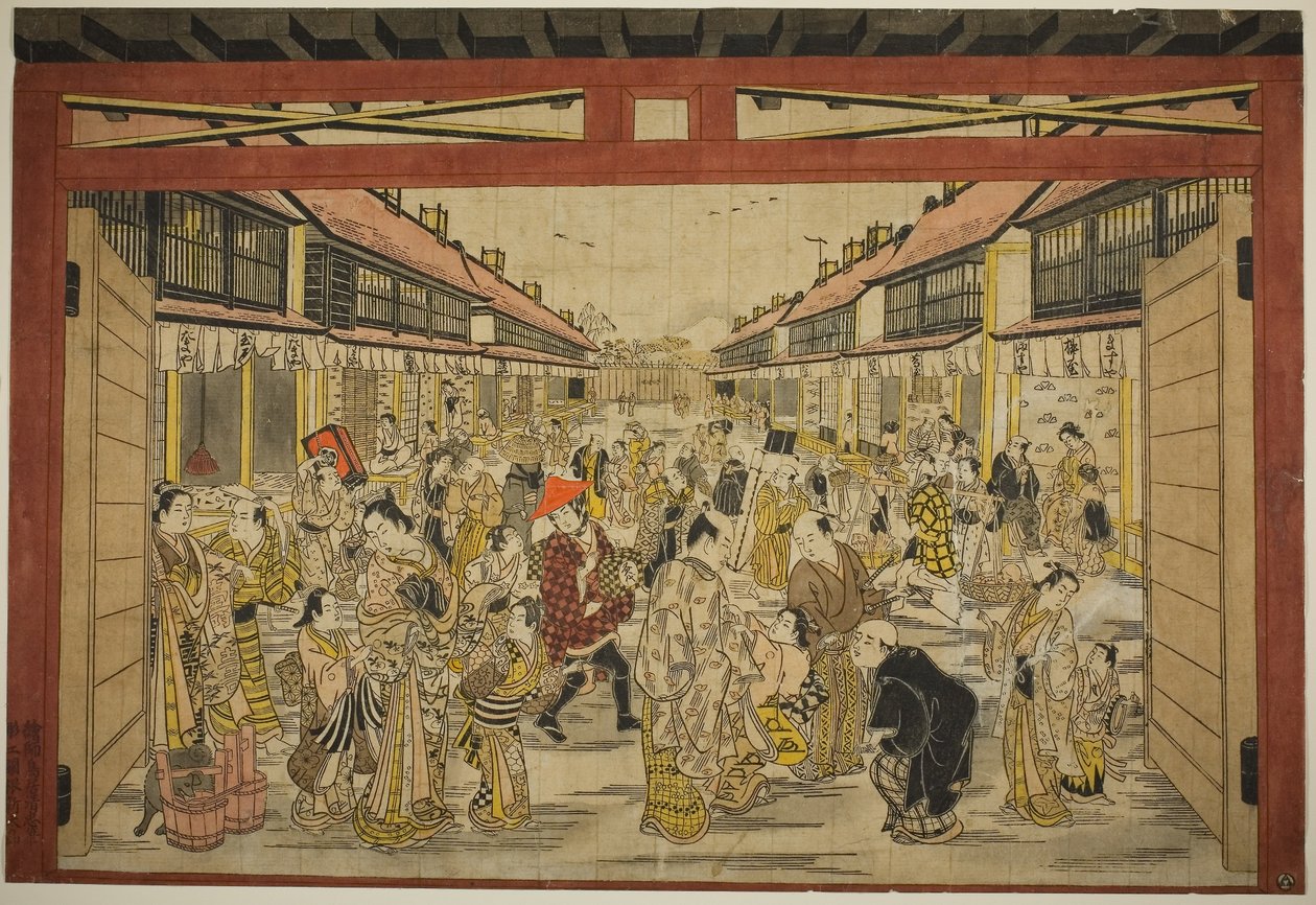O Portão Principal, Nova Yoshiwara, c.1745 (xilogravura colorida à mão; toku-oban yoko-e, beni-e) de Torii Kiyotada