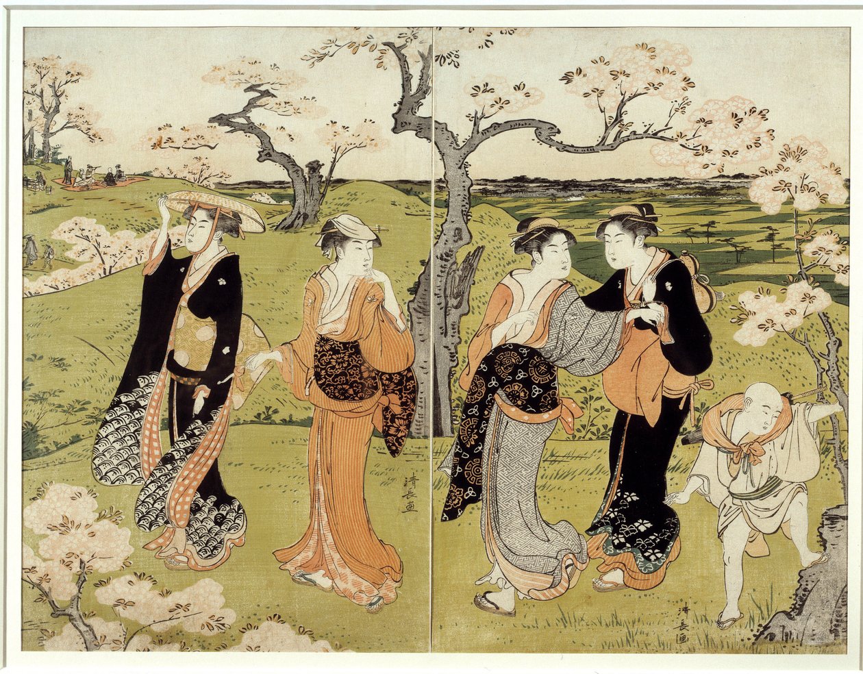 Piquenique sob as flores de cerejeira em Assaakayama. Impressão japonesa de Torii Kiyonaga (1752-1815), estilo Ukiyo-E de Torii Kuyonaga