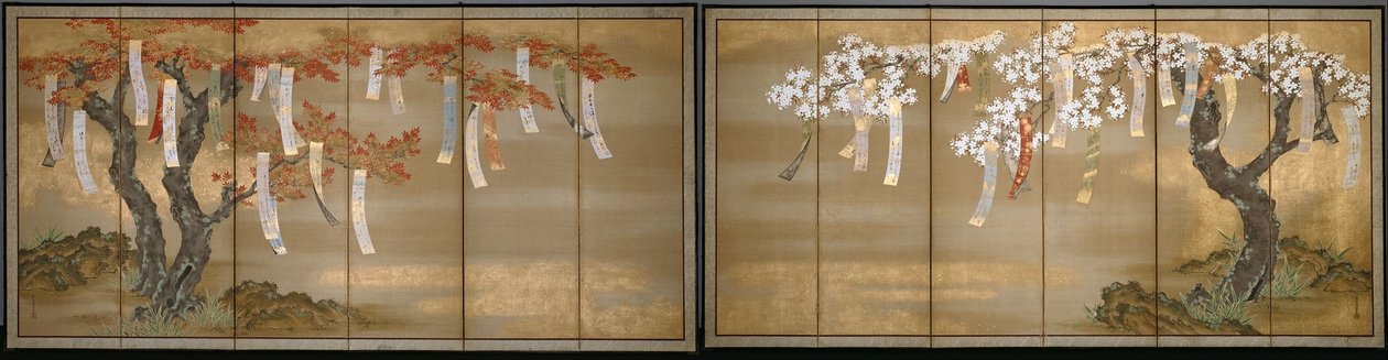 Cereja de florescência e outono Maples com deslizamentos de poema de Tosa Mitsuoki