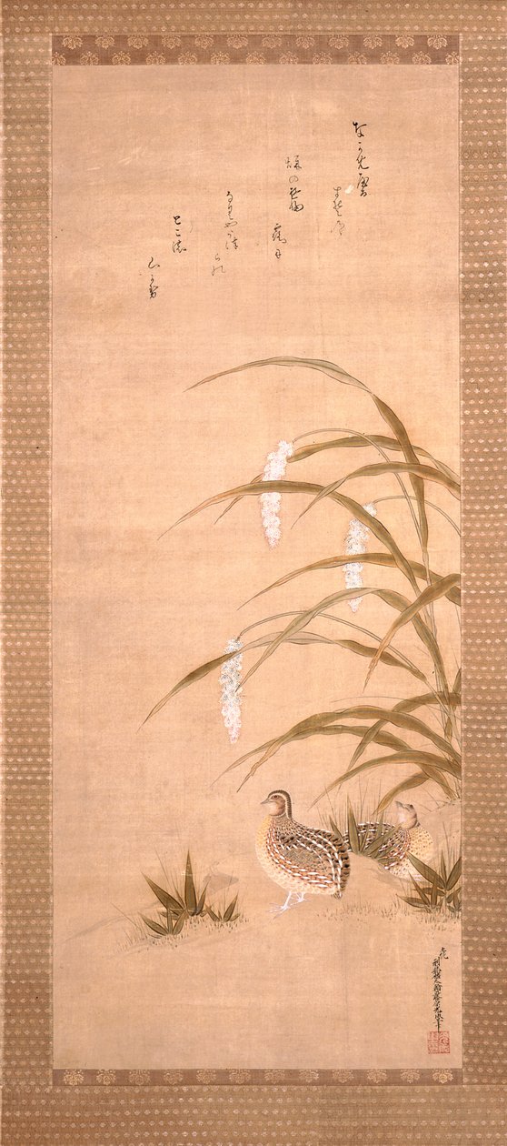 Codorniz e Milholete (tinta e cor sobre seda) de Tosa Mitsunari