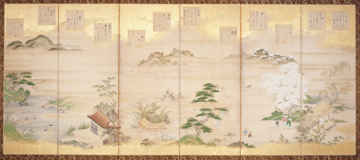 Seis painéis de ecrã com aves e flores dos doze meses (tinta, cor e folha de ouro sobre papel) de Tosa Mitsunari