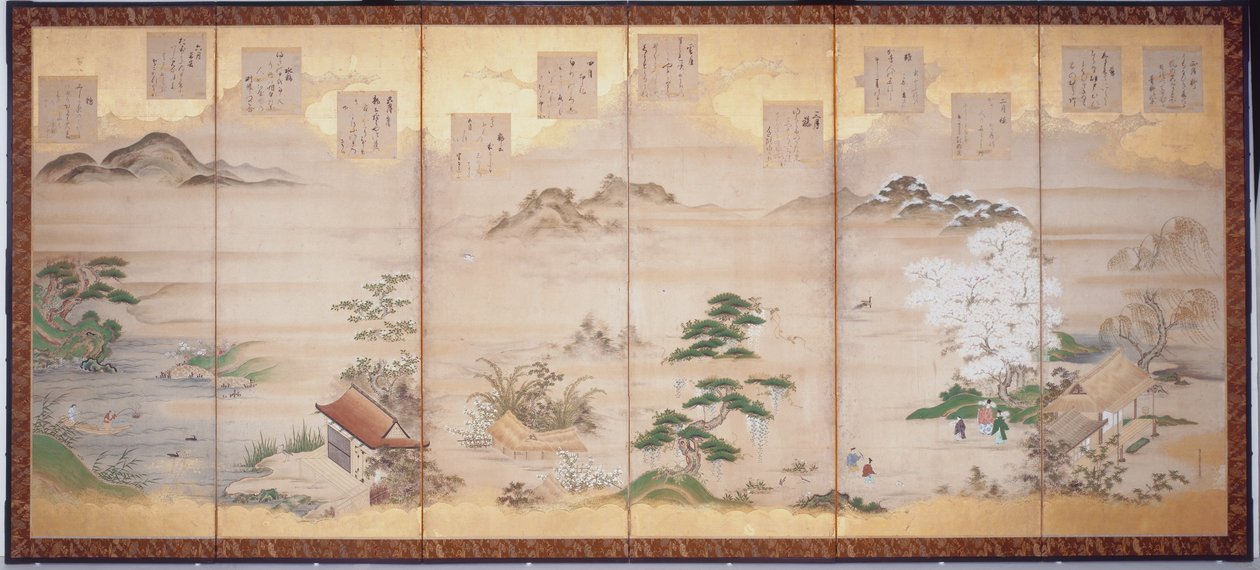 Poemas de Teika para os Doze Meses (tinta, cor e folha de ouro sobre papel, ecrã de seis vezes) de Tosa Mitsunari