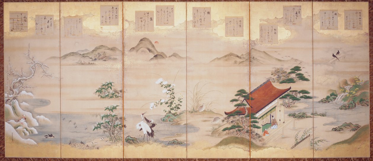 Poemas de Teika para os Doze Meses (tinta, cor e folha de ouro sobre papel, ecrã de seis vezes) de Tosa Mitsunari
