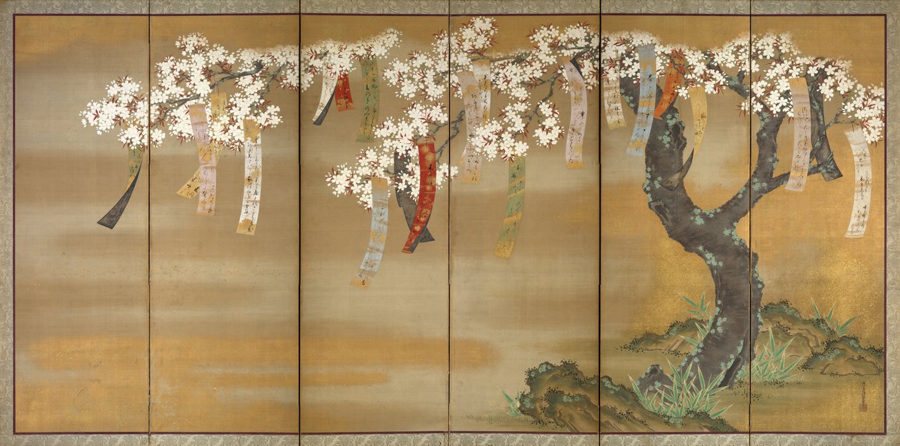 Cereja de florescência e bordos de outono com deslizamentos de poemas, 1654-81 de Tosa Mitsuoki
