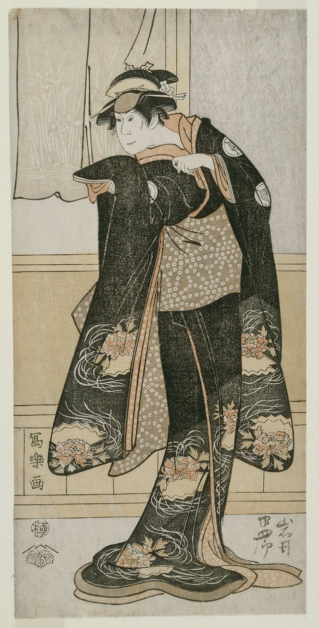 O ator Iwai Hanshiro lV como Otoma, filha de Ohina de Inamuragasaki em Kamakura (Yondai-me Iwai Hanshiro no Kamakura Inamuragasaki no Ohina musume Otoma) de Toshusai Sharaku