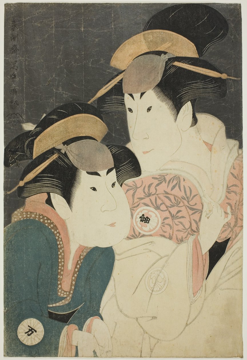 Os actores Segawa Tomisaburo II (à direita) como Yadorigi, esposa de Ogishi Kurando, e Nakamura Manyo (à esquerda) como o criado Wakakusa de Toshusai Sharaku
