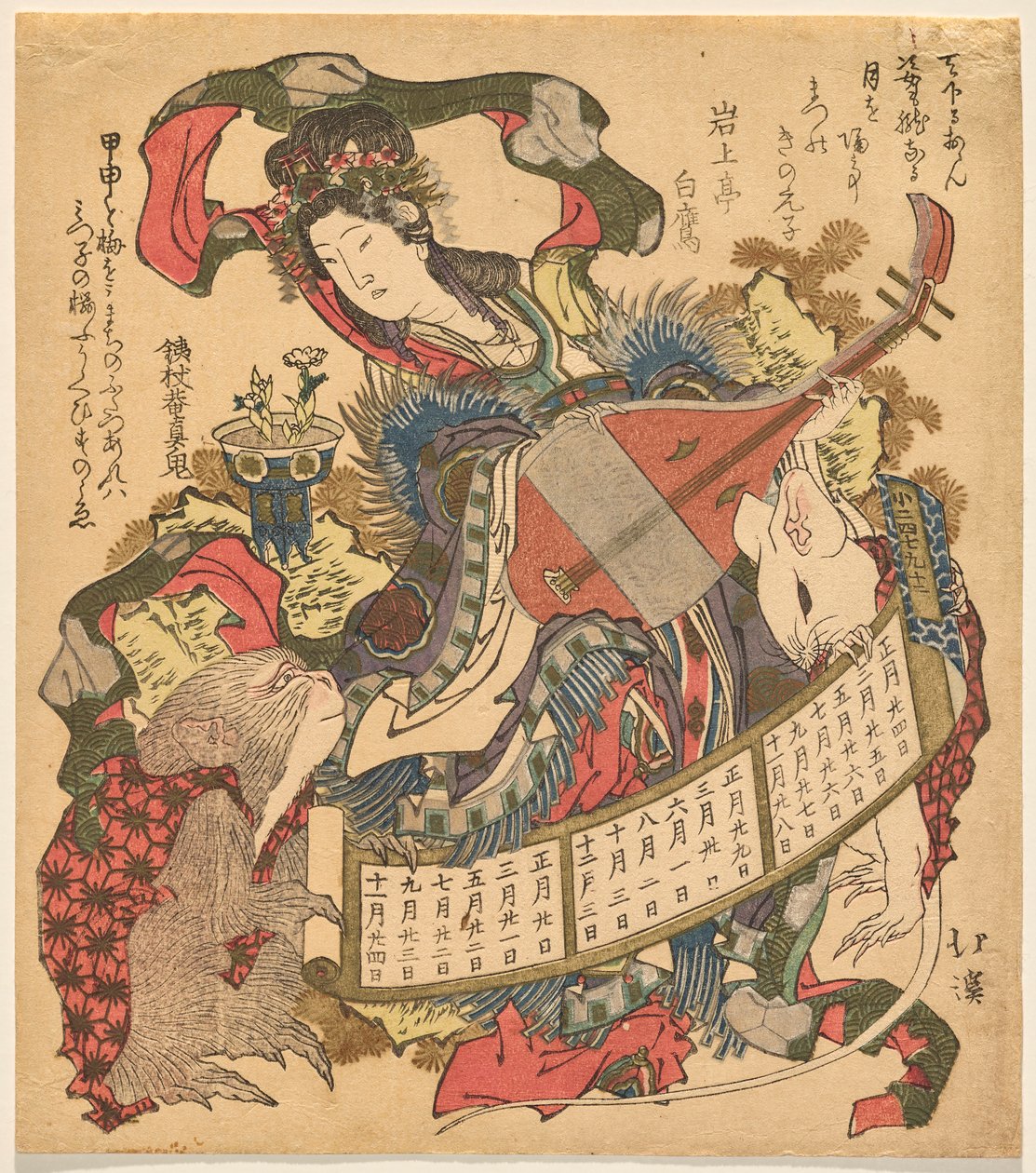 Benzaiten jogando biwa com macaco e rato branco de Totoya Hokkei