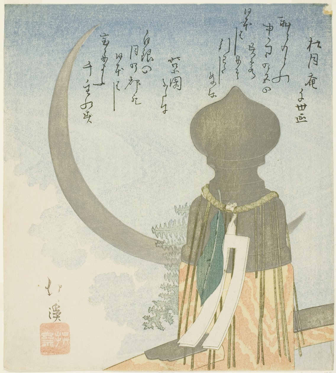 Poste de ponte e lua crescente de Totoya Hokkei