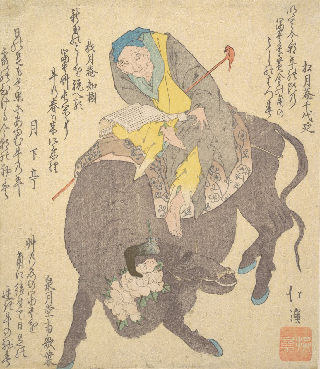 Sábio chinês lendo enquanto montava em um búfalo, ca. 1820. de Totoya Hokkei