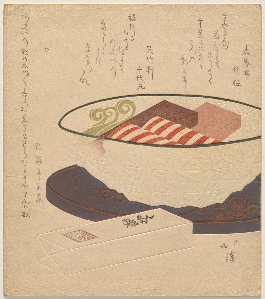 Tigela de vidro cortada contendo doces açucarados para o ano novo de Totoya Hokkei