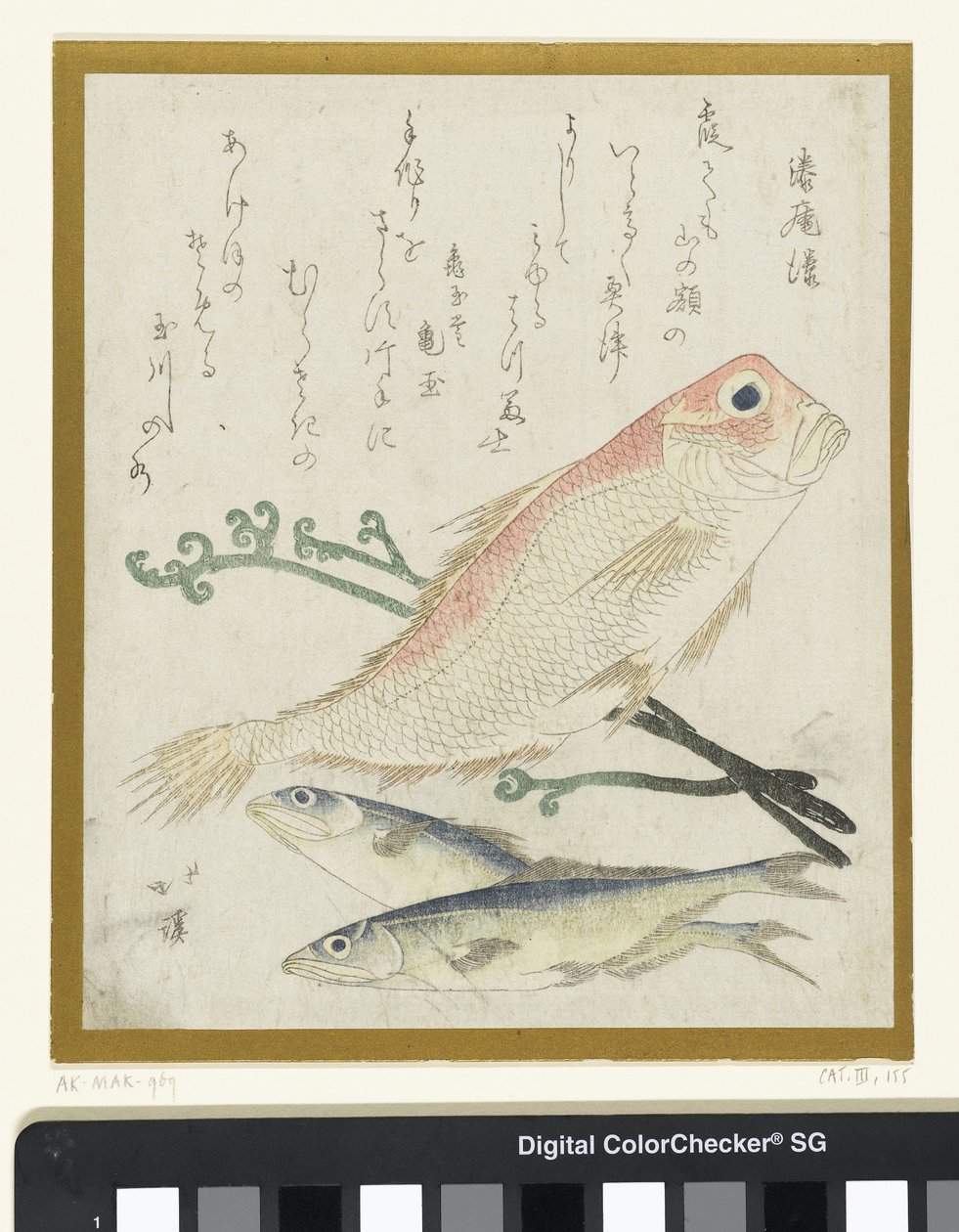 Três peixes e samambaias de Totoya Hokkei