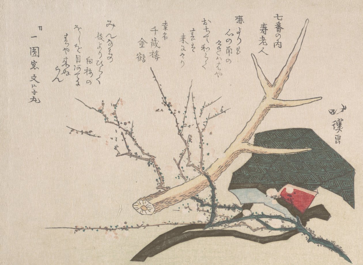 Chapéu, chifre de veado e ramo de ameixa, representando Jurojin, o deus da vida, século XIX. de Totoya Hokkei