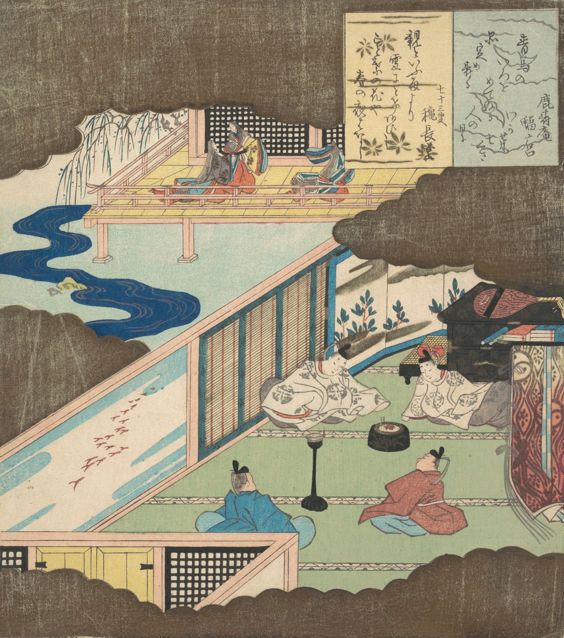 Interior de um palácio com nobres conversando, ca. 1820. de Totoya Hokkei