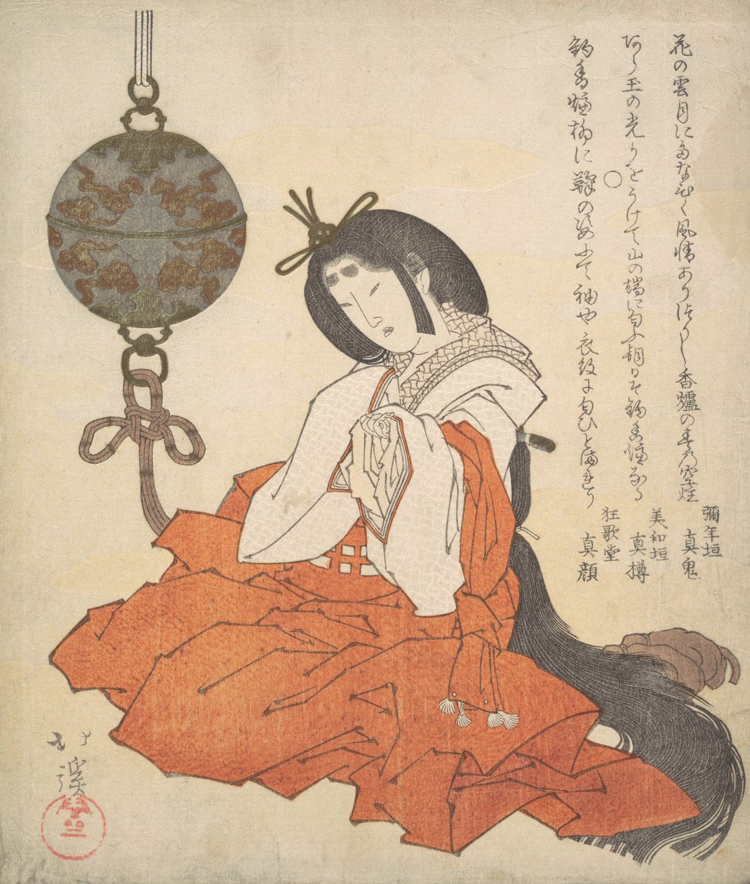 Kanjo Court Lady Sentada, e um Tsurikoro Pendurado perto de Sua Cabeça, ca. 1825. de Totoya Hokkei