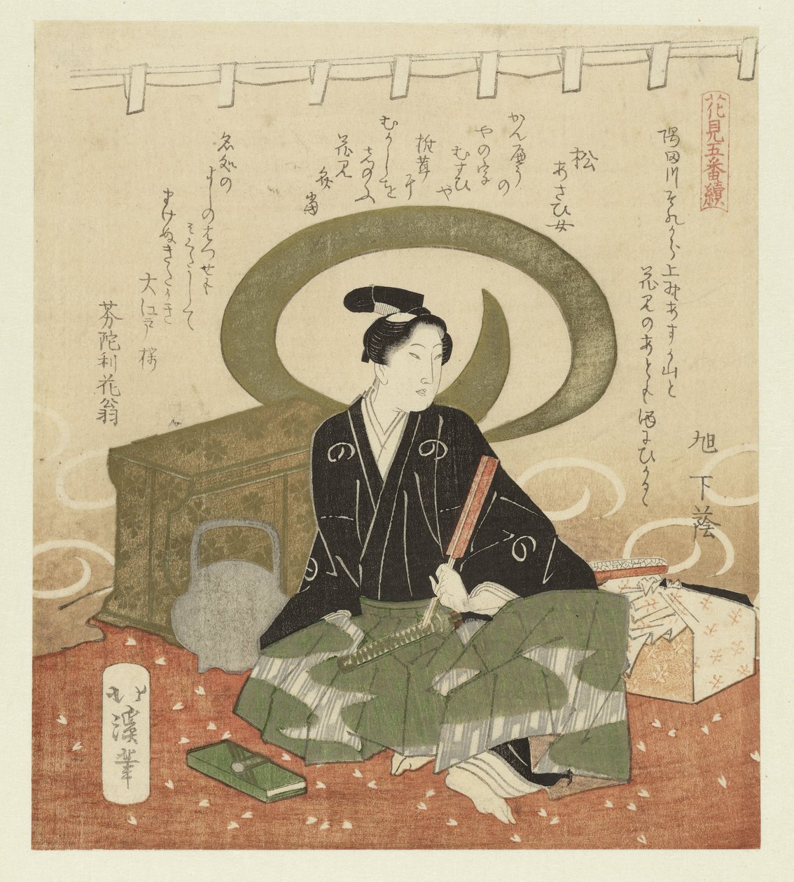 Homem com ventilador
Tríptico sobre a admiração de flores (título da série)
Hanami gobantsuzuki (título da série sobre o objecto) de Totoya Hokkei