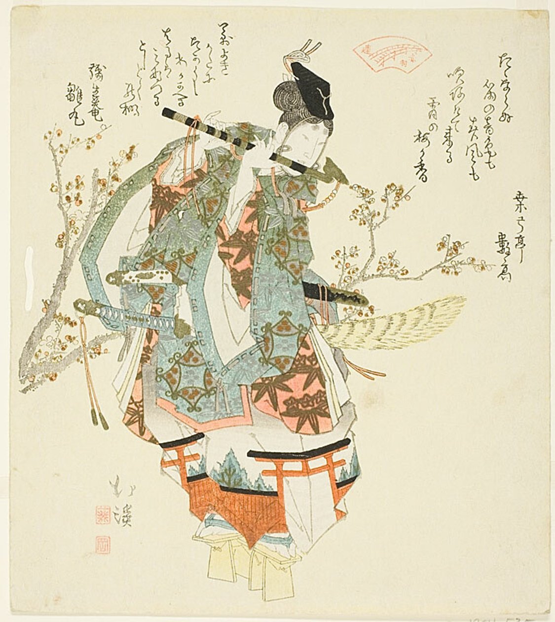 Minamoto no Yoshitsune (Ushiwaka Maru) a tocar flauta de Totoya Hokkei