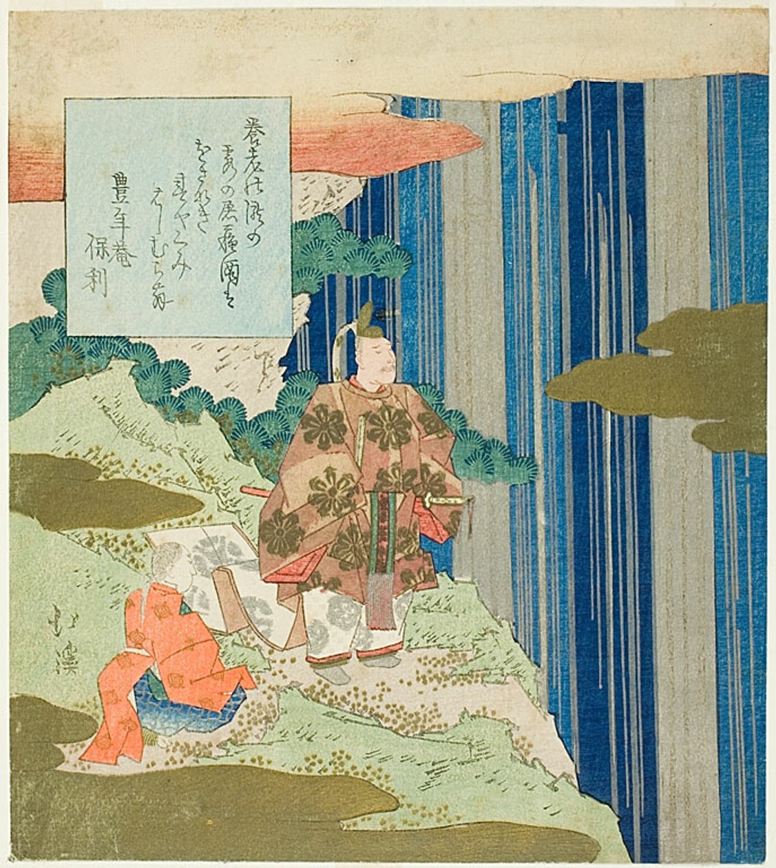 Narihira na cascata de Nunobiki, do Episódio 87 de Tales of Ise de Totoya Hokkei