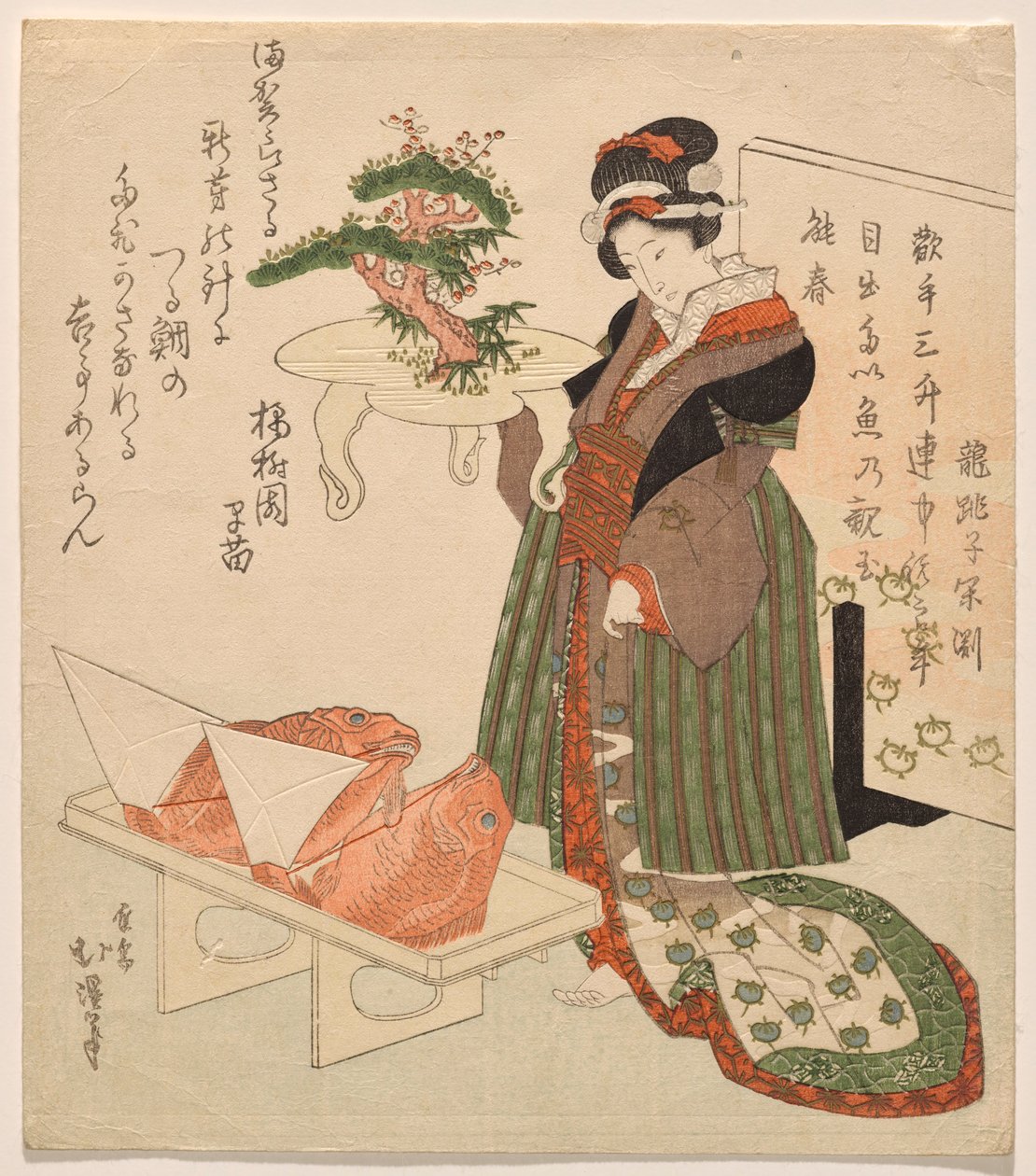 Celebração de Ano Novo com dourada e tabuleiro decorado de Totoya Hokkei
