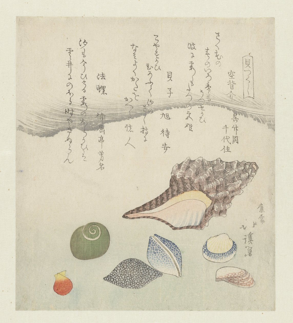 Concha reflectora, concha de marfim e concha de tritão
Utsusegai baishi hora (título sobre o objecto)
Uma série de conchas (título da série)
Kaitsukushi (título da série sobre o objecto) de Totoya Hokkei