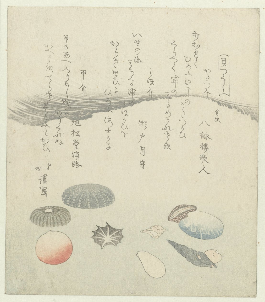 Conchas redondas vermelhas e azuis com conchas mais pequenas
Uma série de conchas (título da série)
Kaitsukushi (título da série sobre o objecto) de Totoya Hokkei