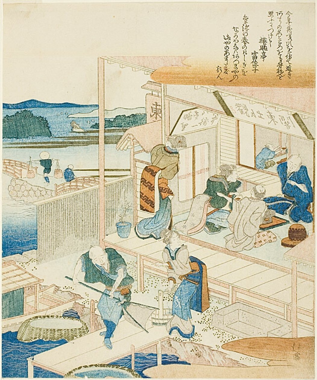 Casa de chá e quinta de pesca com vista panorâmica de Kanto de Totoya Hokkei