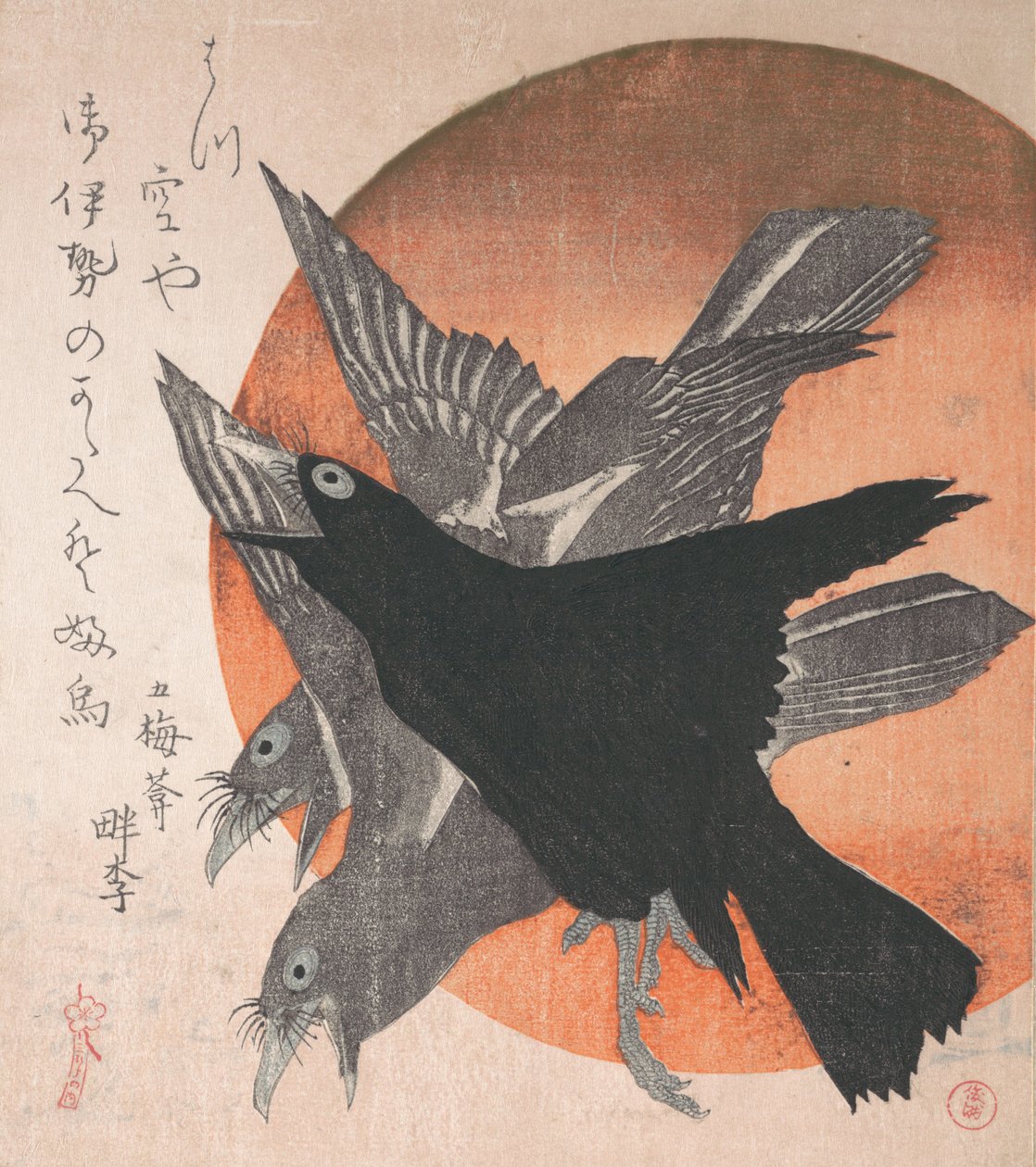 Three Crows against the Rising Sun, da série Three Sheets Mihira no uchi , ..., meados de 1810s. de Totoya Hokkei